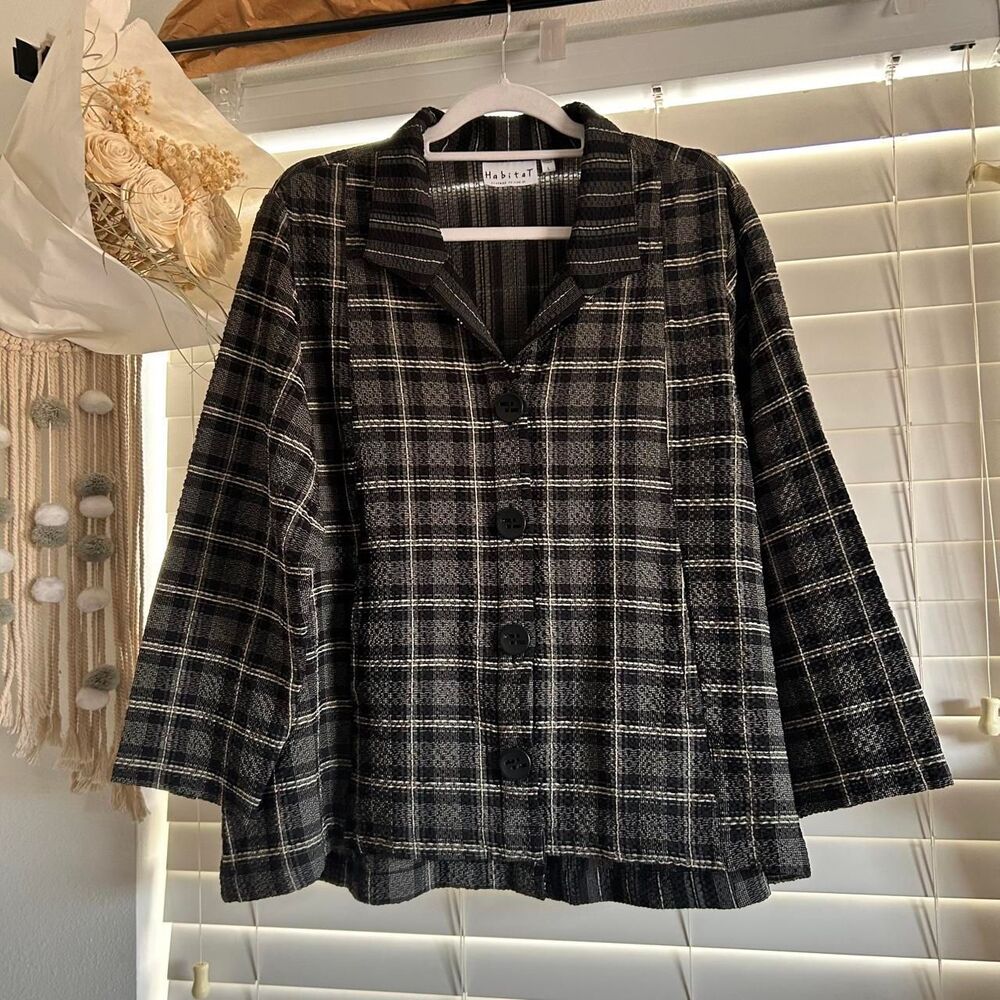 Habitat Black White Chunky Button Plaid Textured Jacket Cardigan Top Size L